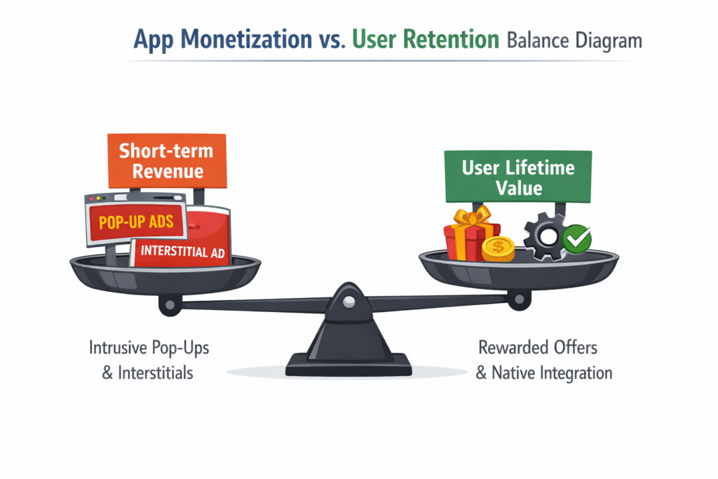 Monetizing your app without killing the user experience, illustrated by a balance scale comparing short-term revenue from intrusive ads with long-term user lifetime value driven by rewarded and native monetization.